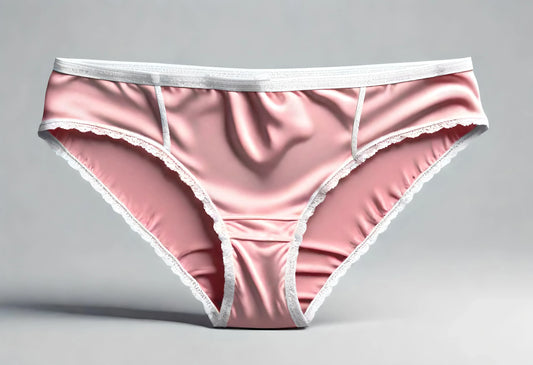 Pink hipster panties with lace trim and white waistband