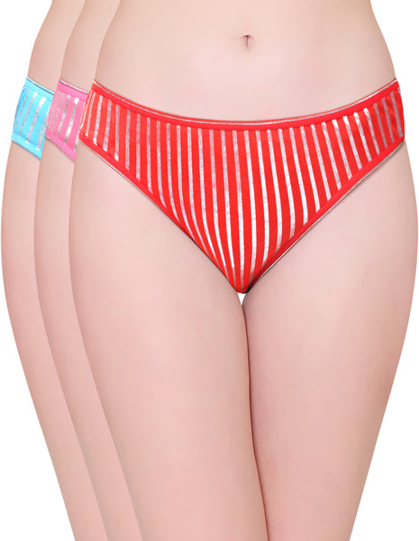 Bodycare Pack of 3 Bikini Style Cotton Briefs in Assorted colors with Silver stripes-E1404