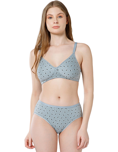Combed Cotton Floral Print Bridal Lingerie Set with Mid-Rise Fit – Grey (#6550Gry)