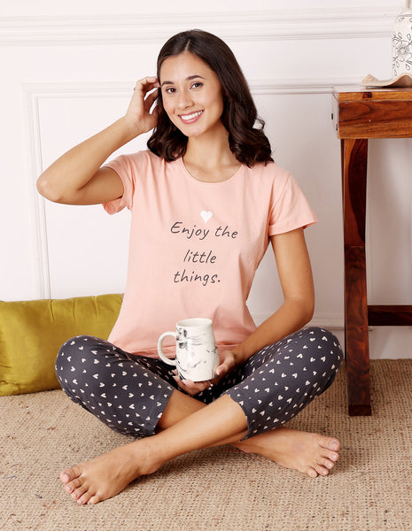 Bodycare Women’s Peach & Black Printed T-Shirt & Capri Co-ord Set for Everyday Wear-BSCS16012