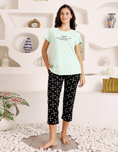 Bodycare Women’s Green & Black Printed T-Shirt & Capri Co-ord Set for Everyday Wear-BSCS16018