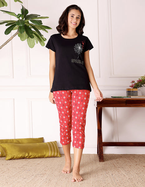 Bodycare Women’s Black & Red Printed T-Shirt & Capri Co-ord Set for Everyday Wear-BSCS16022