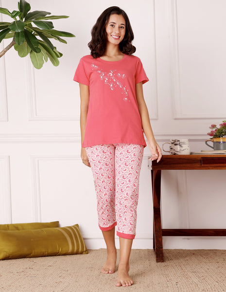 Bodycare Women’s Pink Printed T-Shirt & Capri Co-ord Set for Everyday Wear-BSCS16028