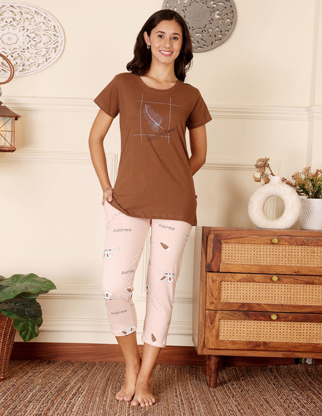 Bodycare Women’s Brown & Peach Printed T-Shirt & Capri Co-ord Set for Everyday Wear-BSCS16029