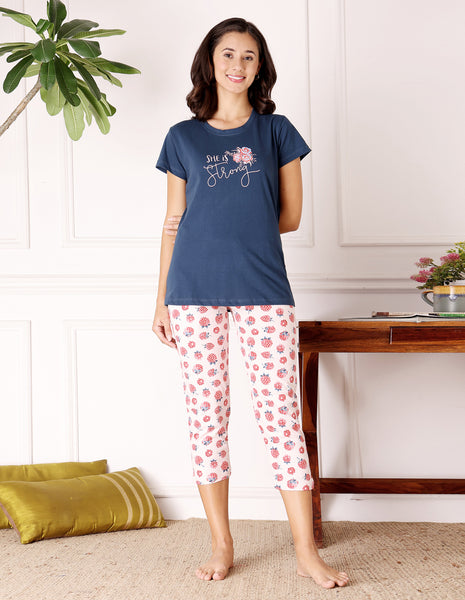 Bodycare Women’s Blue & Pink Printed T-Shirt & Capri Co-ord Set for Everyday Wear-BSCS16032