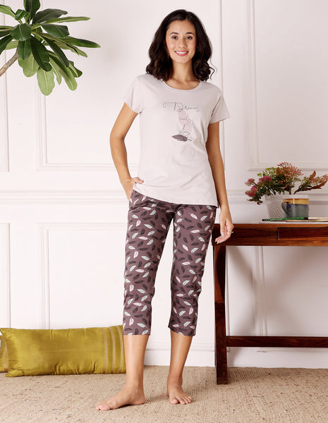 Bodycare Women’s Grey & Brown Printed T-Shirt & Capri Co-ord Set for Everyday Wear-BSCS16036