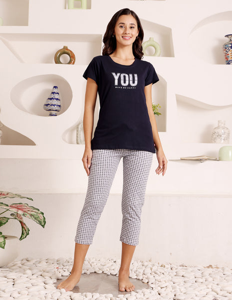 Bodycare Women’s Black & Grey Printed T-Shirt & Capri Co-ord Set for Everyday Wear-BSCS16038