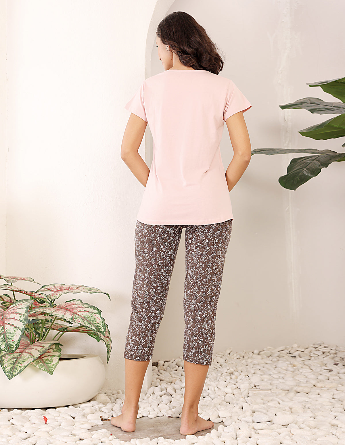 Bodycare Women’s Pink & Brown Printed T-Shirt & Capri Co-ord Set for Everyday Wear-BSCS16042