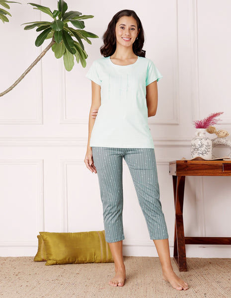 Bodycare Women’s Green Printed T-Shirt & Capri Co-ord Set for Everyday Wear-BSCS16043