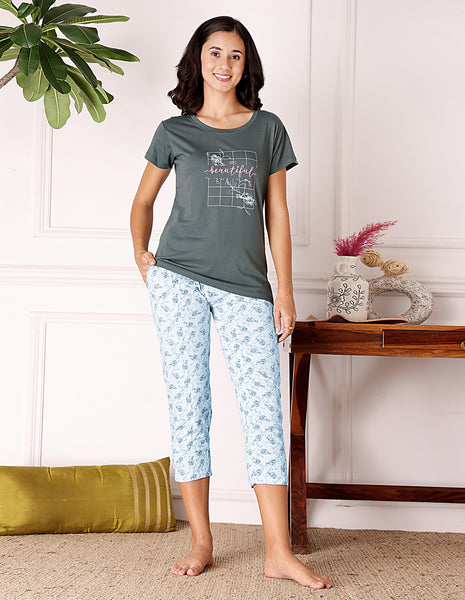 Bodycare Women’s Green & Blue Printed T-Shirt & Capri Co-ord Set for Everyday Wear-BSCS16044