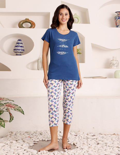 Bodycare Women’s Blue & White Printed T-Shirt & Capri Co-ord Set for Everyday Wear-BSCS16045