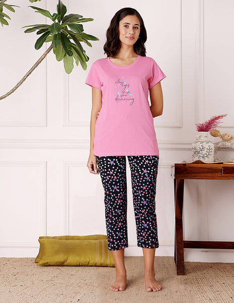 Bodycare Women’s Pink & Black Printed T-Shirt & Capri Co-ord Set for Everyday Wear-BSCS16047