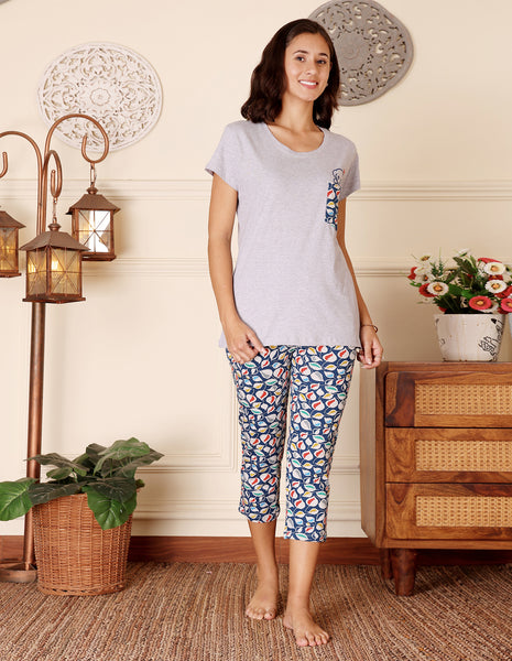 Bodycare Women’s Grey & Blue Printed T-Shirt & Capri Co-ord Set for Everyday Wear-BSCS16049