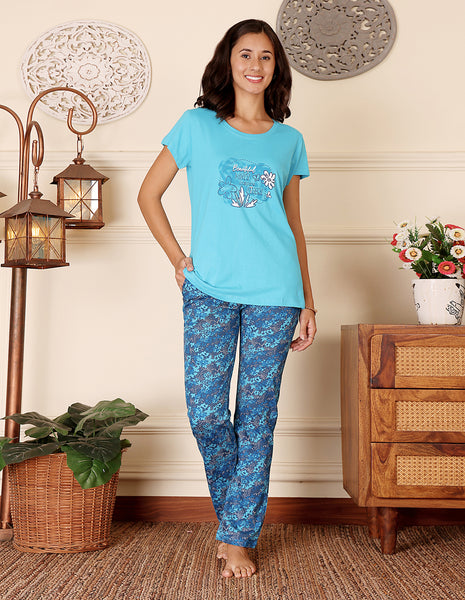 Blue Cotton Nightsuit for Women by Bodycare – Printed T-Shirt & Pyjama Set-BSLS11055