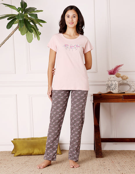 Pink & Brown Cotton Nightsuit for Women by Bodycare – Printed T-Shirt & Pyjama Set-BSLS11067