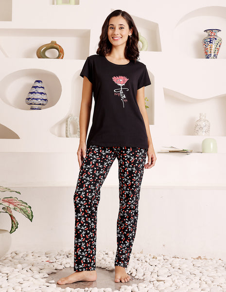 Black Cotton Nightsuit for Women by Bodycare – Printed T-Shirt & Pyjama Set-BSLS11073