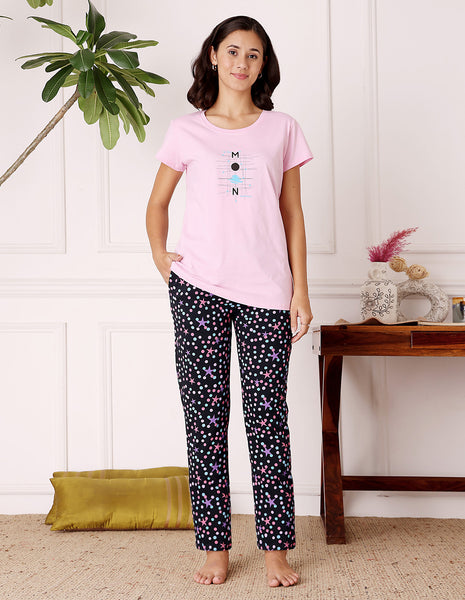 Pink & Black Cotton Nightsuit for Women by Bodycare – Printed T-Shirt & Pyjama Set-BSLS11074