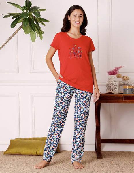 Red & Blue Cotton Nightsuit for Women by Bodycare – Printed T-Shirt & Pyjama Set-BSLS11076