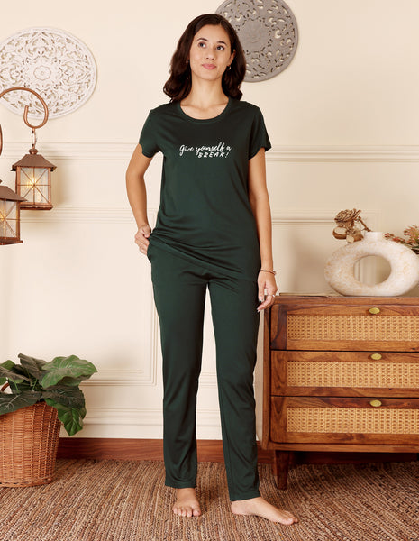 Green Cotton Nightsuit for Women by Bodycare – Printed T-Shirt & Pyjama Set-BSLS11519