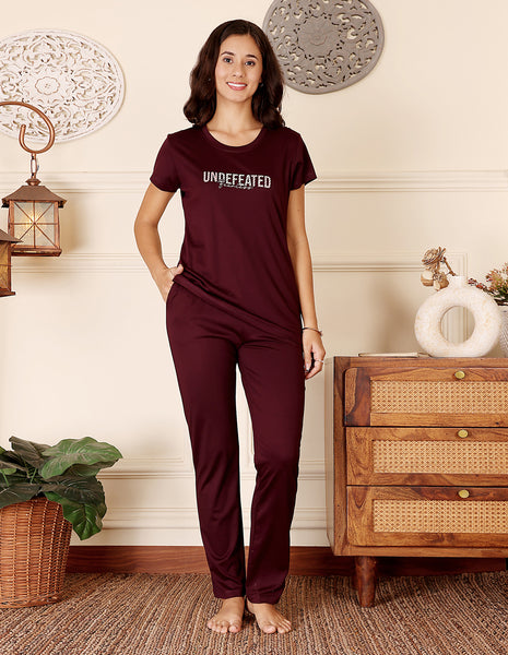 Maroon Cotton Nightsuit for Women by Bodycare – Printed T-Shirt & Pyjama Set-BSLS11522