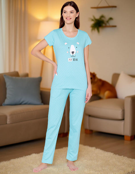 Bodycare Womens Combed Cotton Printed Tshirt & Pyjama Set-BSLS12001