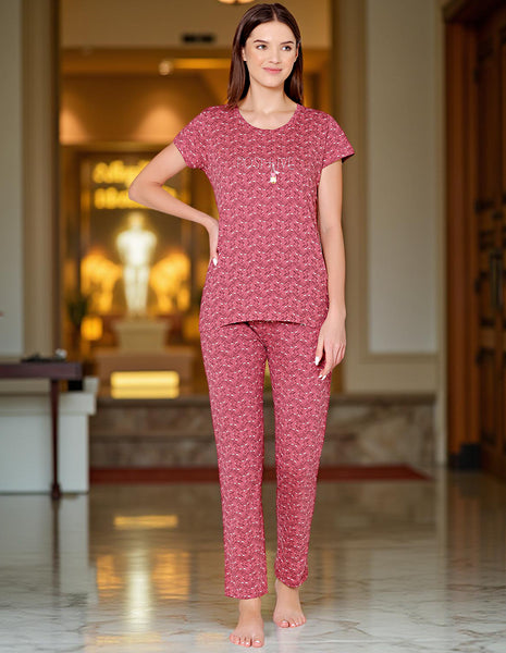Bodycare Womens Combed Cotton Printed Tshirt & Pyjama Set-BSLS12012