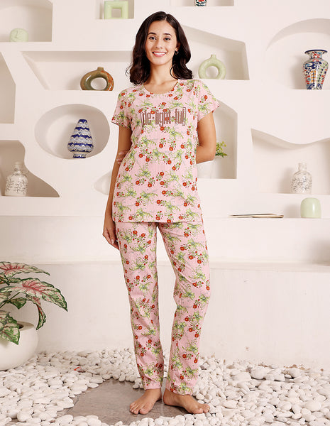 Pink Cotton Nightsuit for Women by Bodycare – Printed T-Shirt & Pyjama Set-BSLS12027