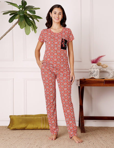 Orange Cotton Nightsuit for Women by Bodycare – Printed T-Shirt & Pyjama Set-BSLS12031