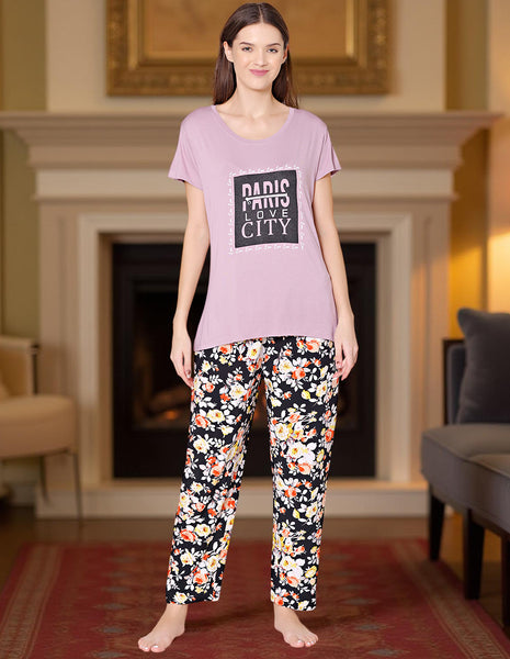 Bodycare Womens Modal Spandex Purple Printed Tshirt & Pyjama Set BSLS14006