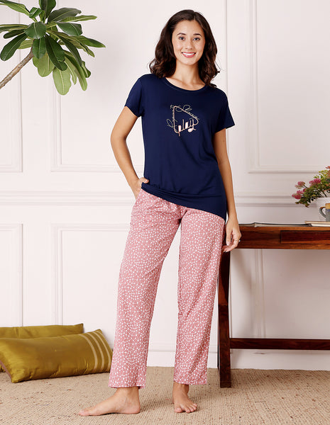 Blue & Pink Cotton Nightsuit for Women by Bodycare – Printed T-Shirt & Pyjama Set-BSLS15013
