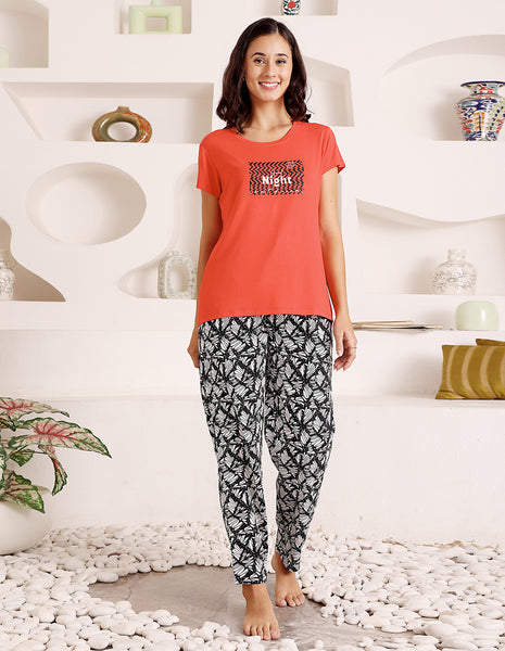 Red & Black Cotton Nightsuit for Women by Bodycare – Printed T-Shirt & Pyjama Set-BSLS15014