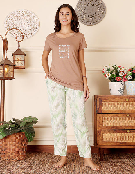 Brown & Green Cotton Nightsuit for Women by Bodycare – Printed T-Shirt & Pyjama Set-BSLS15015