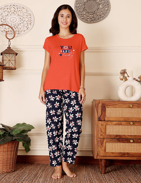 Red & Black Cotton Nightsuit for Women by Bodycare – Printed T-Shirt & Pyjama Set-BSLS15017