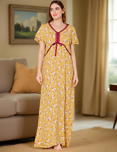 Bodycare Womens Rayon V Neck Floral Print Long Night Dress-BSN1009C