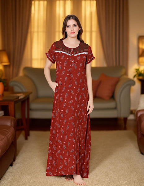 Bodycare Womens Polycotton Round Neck Printed Long Night Dress-BSN2005B