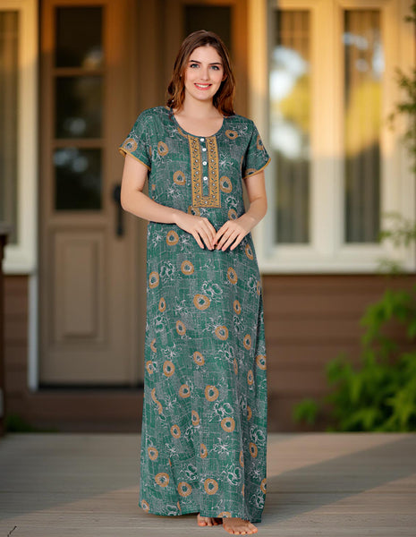 Bodycare Womens Polycotton Round Neck Printed Long Night Dress-BSN2012A