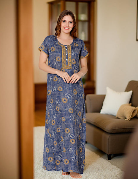 Bodycare Womens Polycotton Round Neck Printed Long Night Dress-BSN2012C