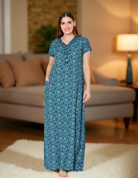 Bodycare Womens Polycotton V Neck Printed Long Night Dress-BSN2013A