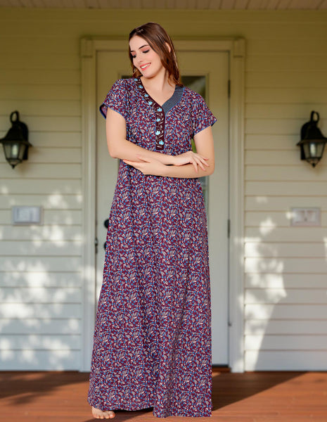 Bodycare Womens Polycotton V Neck Printed Long Night Dress-BSN2013B