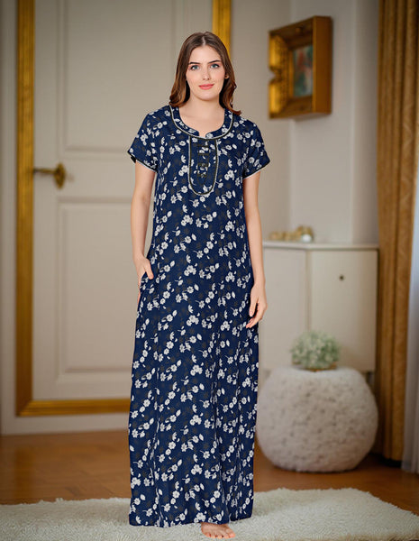 Bodycare Womens Polycotton Round Neck Printed Long Night Dress-BSN2019A