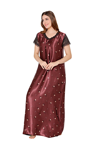 Bodycare Womens Satin V Neck Printed Long Night Dress-BSN6004A