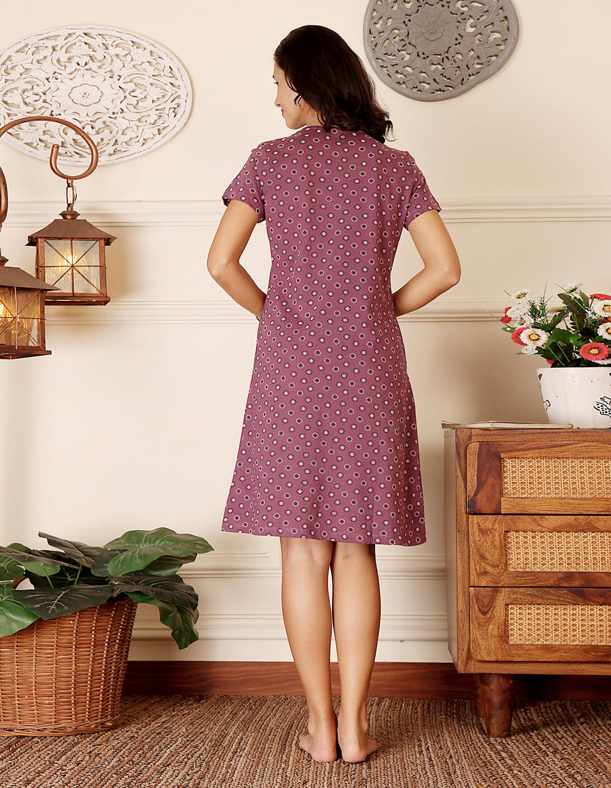 Women’s Purple Short Nighties by Bodycare – Comfortable Cotton Knee-Length Nightdress-BSN9045