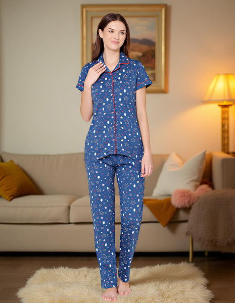 Bodycare Womens Cotton Printed Night Suit Set of Shirt & Pyjama-BSNS18008