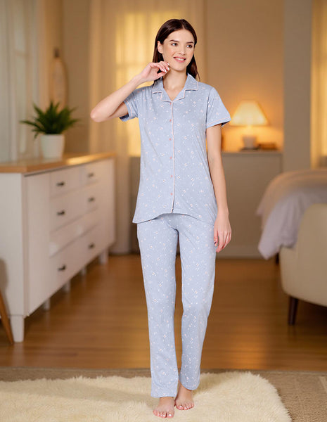 Bodycare Womens Cotton Printed Night Suit Set of Shirt & Pyjama-BSNS18010