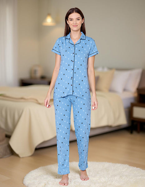 Bodycare Womens Cotton Printed Night Suit Set of Shirt & Pyjama-BSNS18012