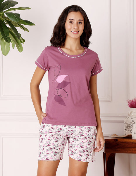 Pink & White Cotton Printed T-Shirt & Shorts Night Suit for Women by Bodycare-BSSS17030