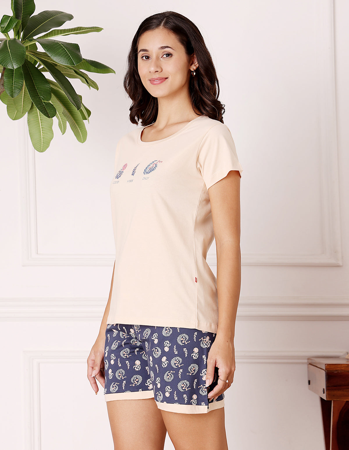 Biege & Blue Cotton Printed T-Shirt & Shorts Night Suit for Women by Bodycare-BSSS17036