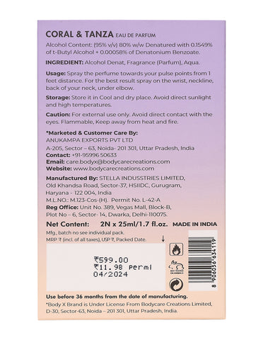 BodyX Unisex Perfume CORAL EDP 25ML + TANZA EDP 25 ML- SET OF 2