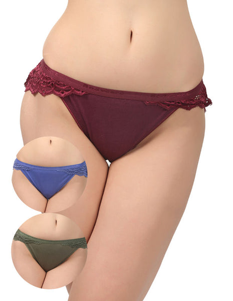Bodycare Pack of 3 Bikini Style Cotton Briefs in Assorted colors with Lace detail-E1476
