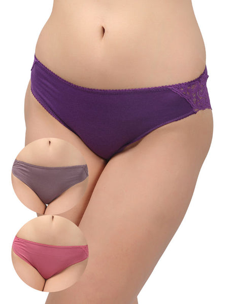 Bodycare Pack of 3 Bikini Style Cotton Briefs in Assorted colors with Lace detailing-E1474